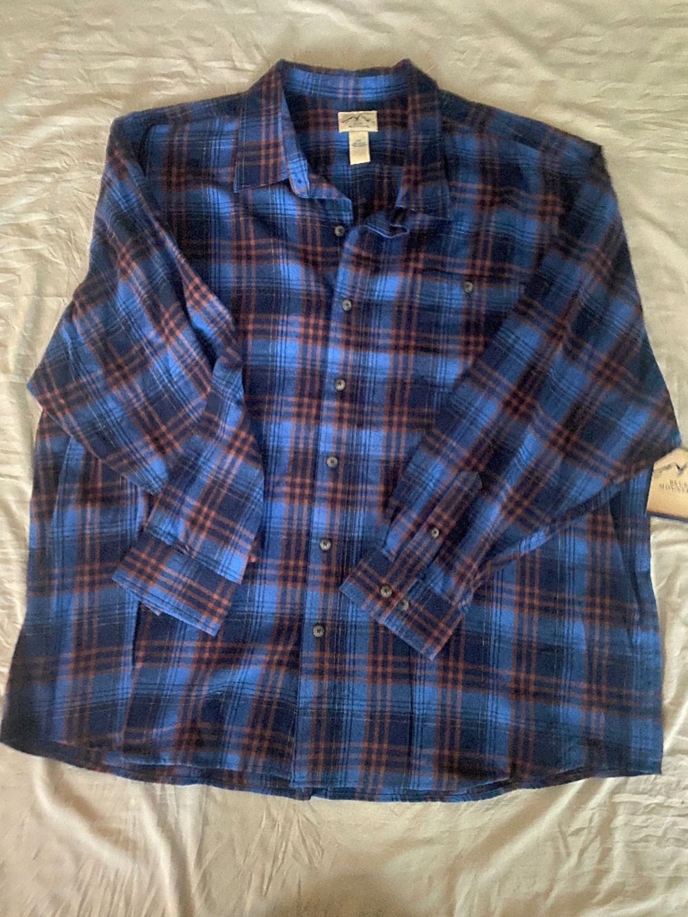 Blue Mountain Mens 3XL flannel, blue and rust plaid button down new with tags